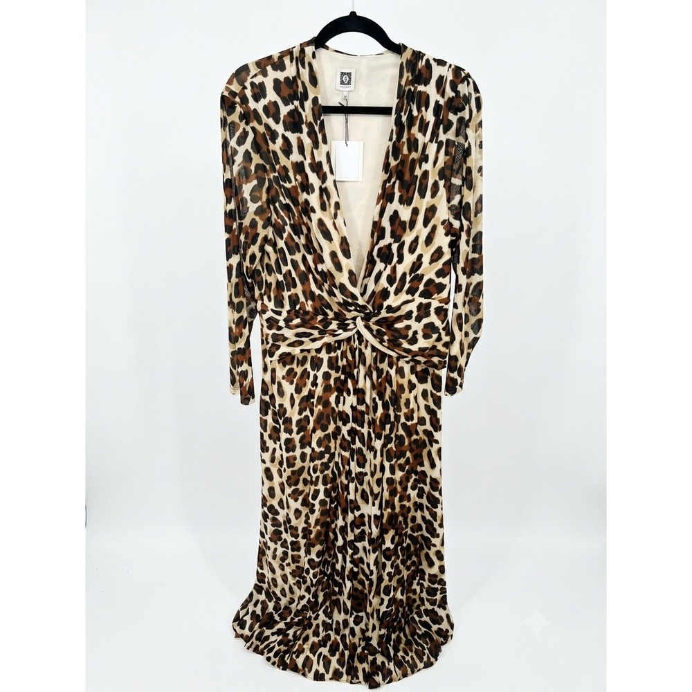 Anne Klein Womens Leopard Print Mesh Twist Front V-Neck Maxi Dress 16W NWT